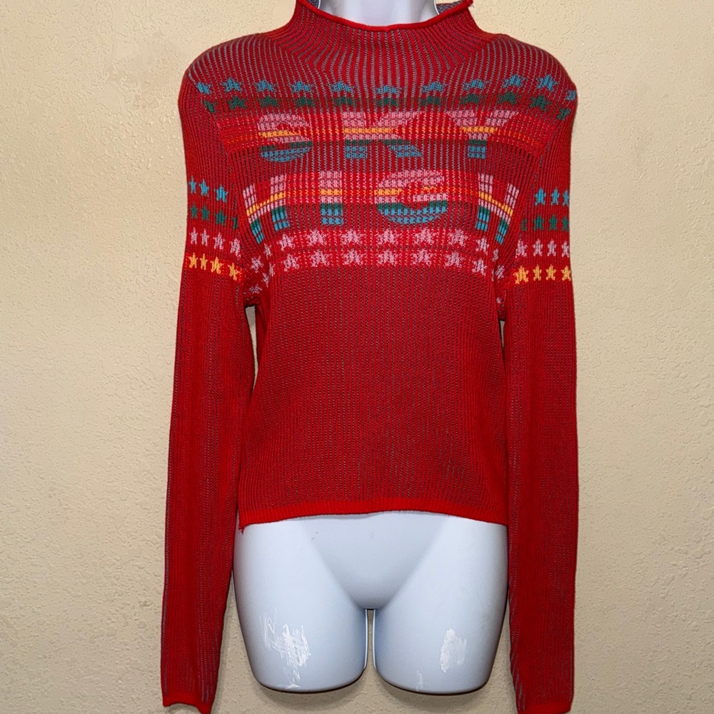 BDG Red Festive Patterned Turtleneck Sweater Sky … - image 1